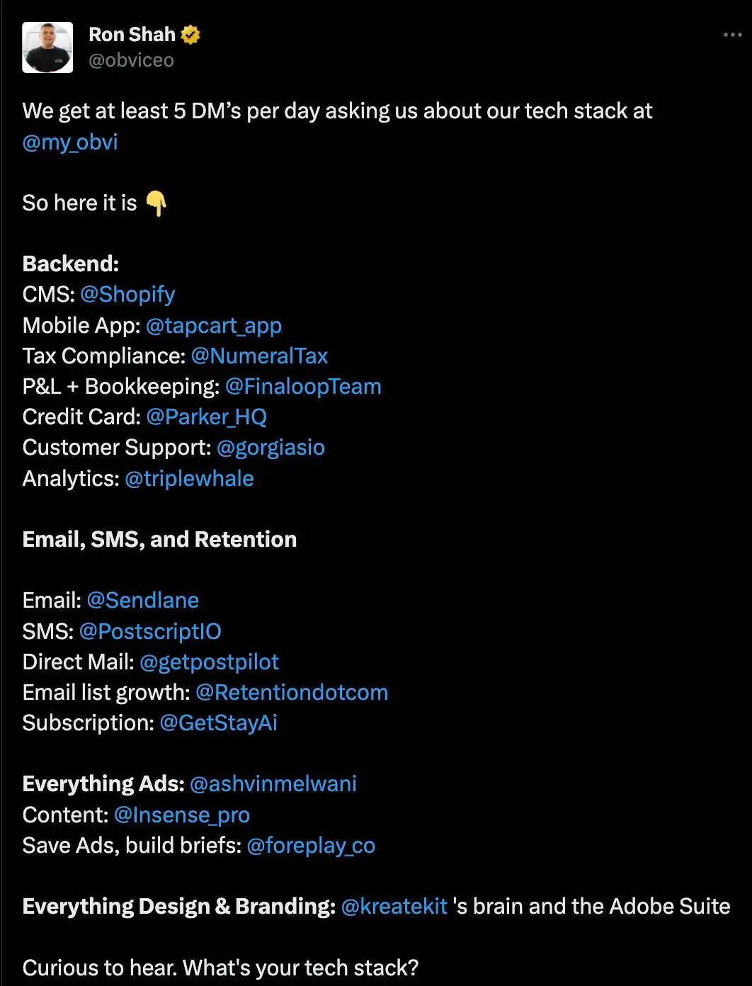 CEO Obvi (team 8 người, doanh số ~$30M) mới share tech stack.
